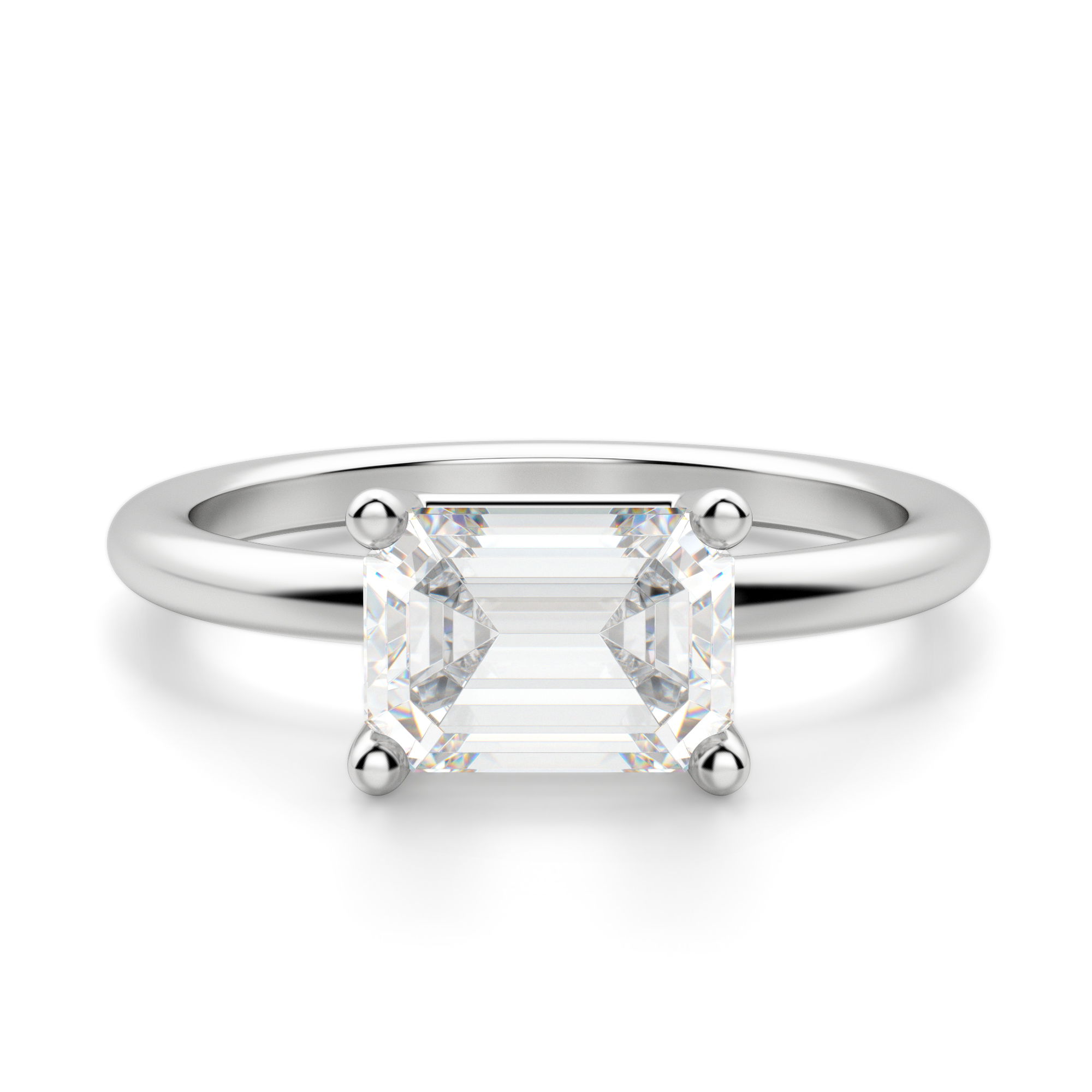 East West Classic Basket Emerald Cut Engagement Ring