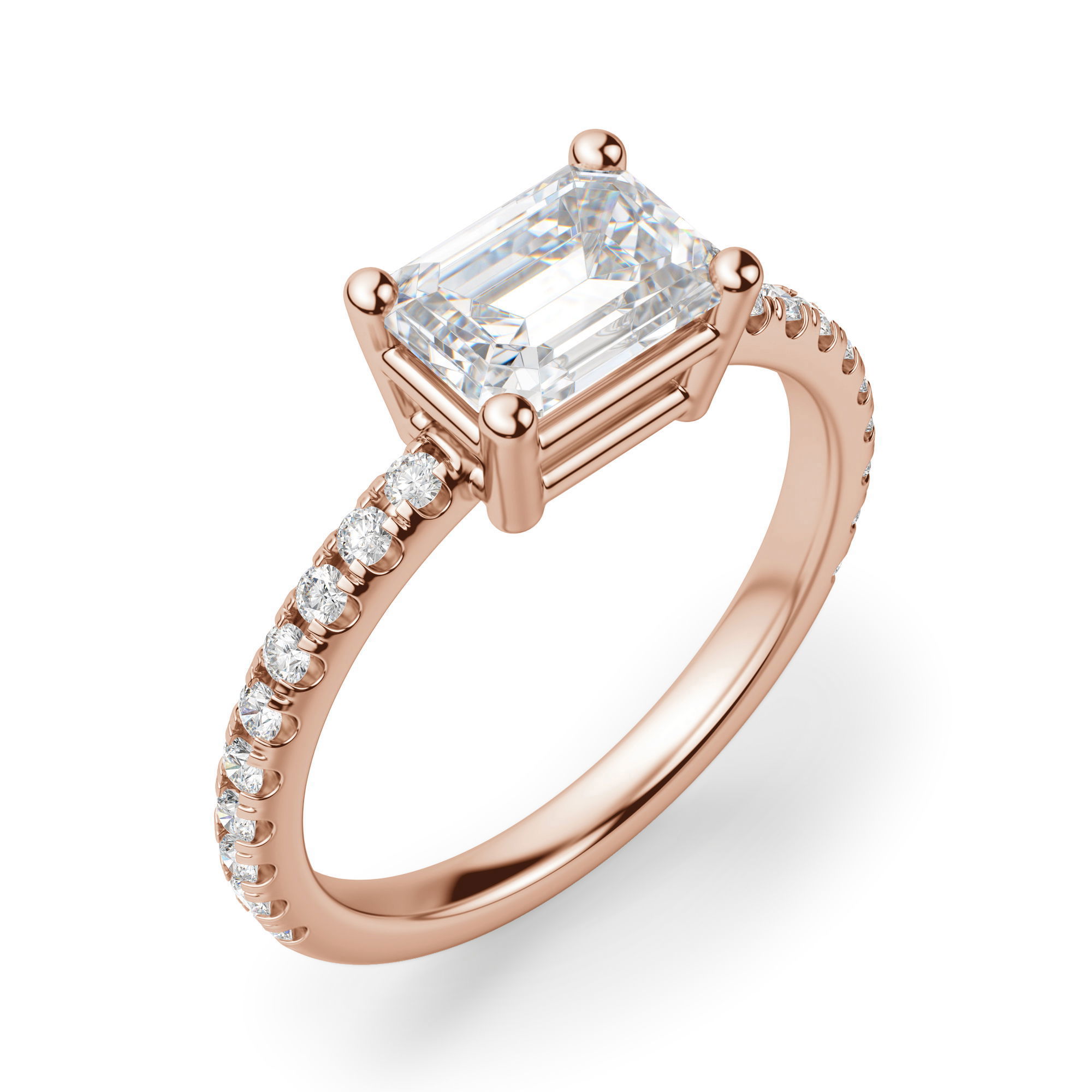 East-West Accented Basket Emerald Cut Engagement Ring