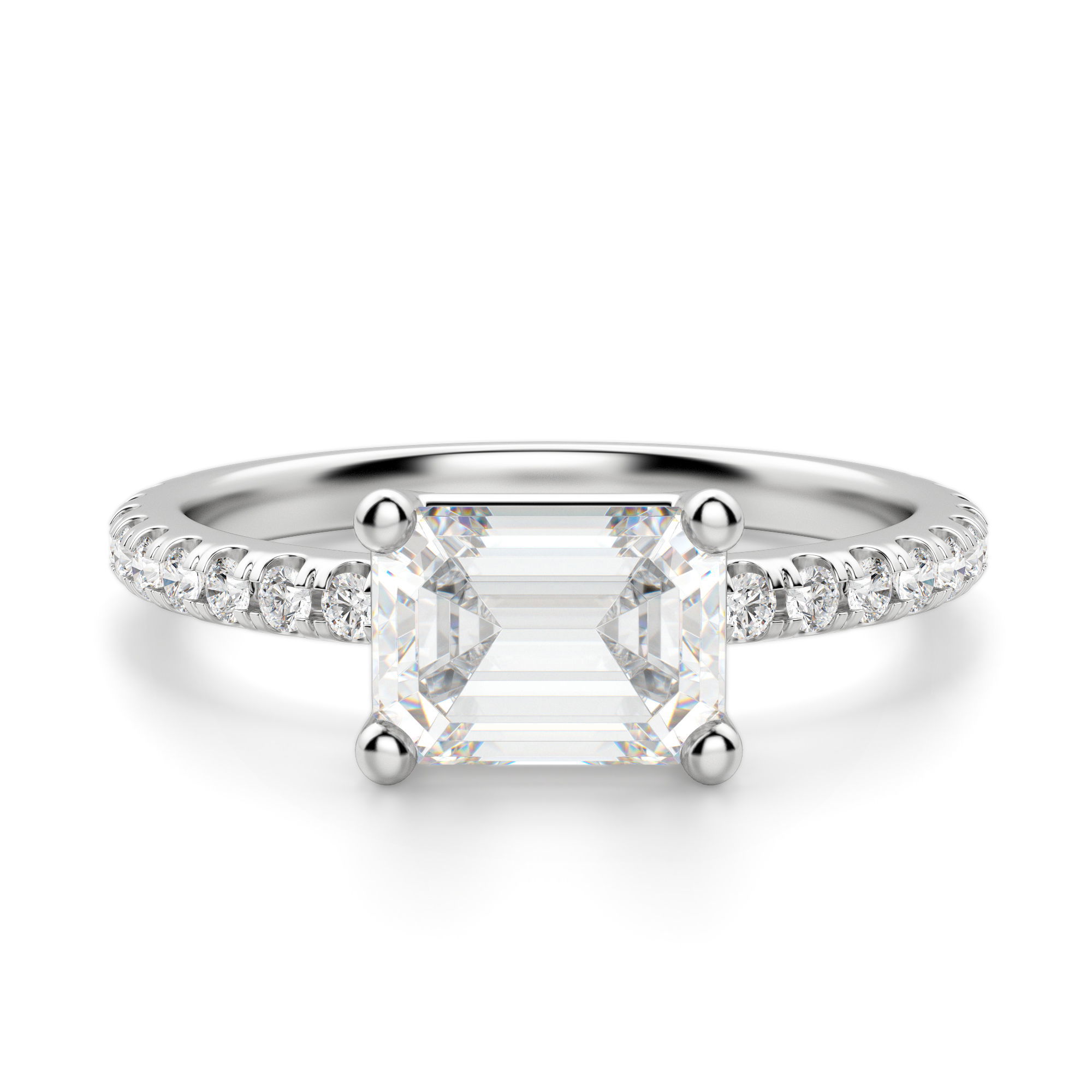 East-West Accented Basket Emerald Cut Engagement Ring