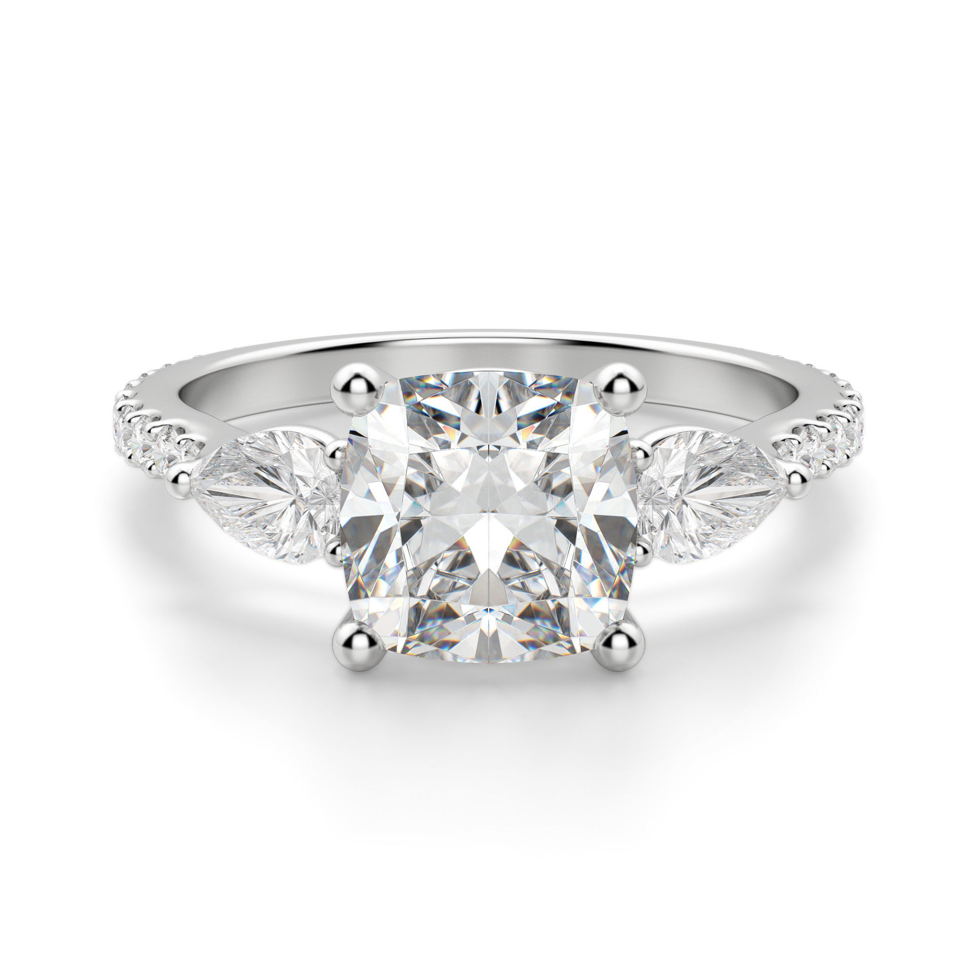 Pear Side Stone Accented Cushion Cut Engagement Ring