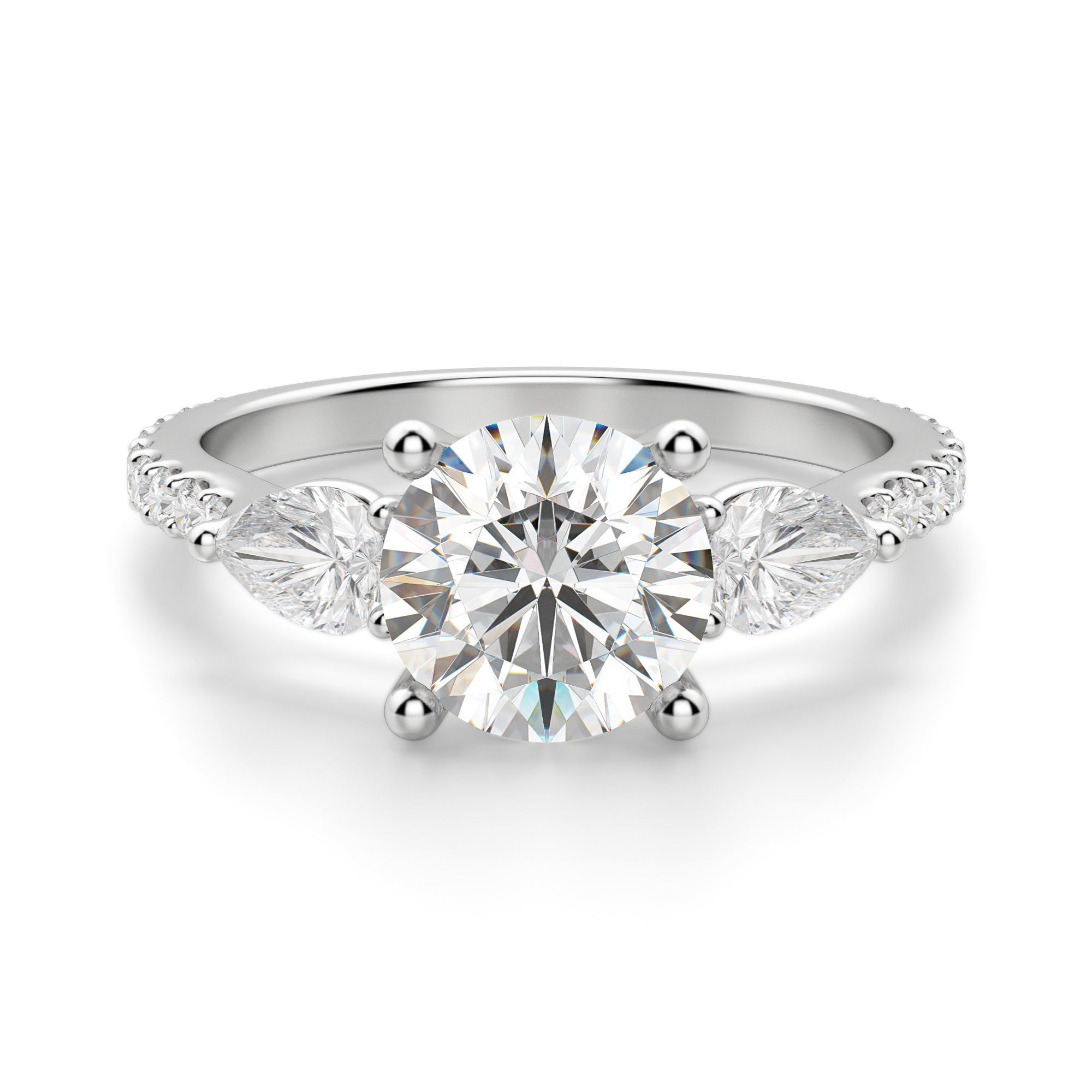Pear Side Stone Accented Round Cut Engagement Ring
