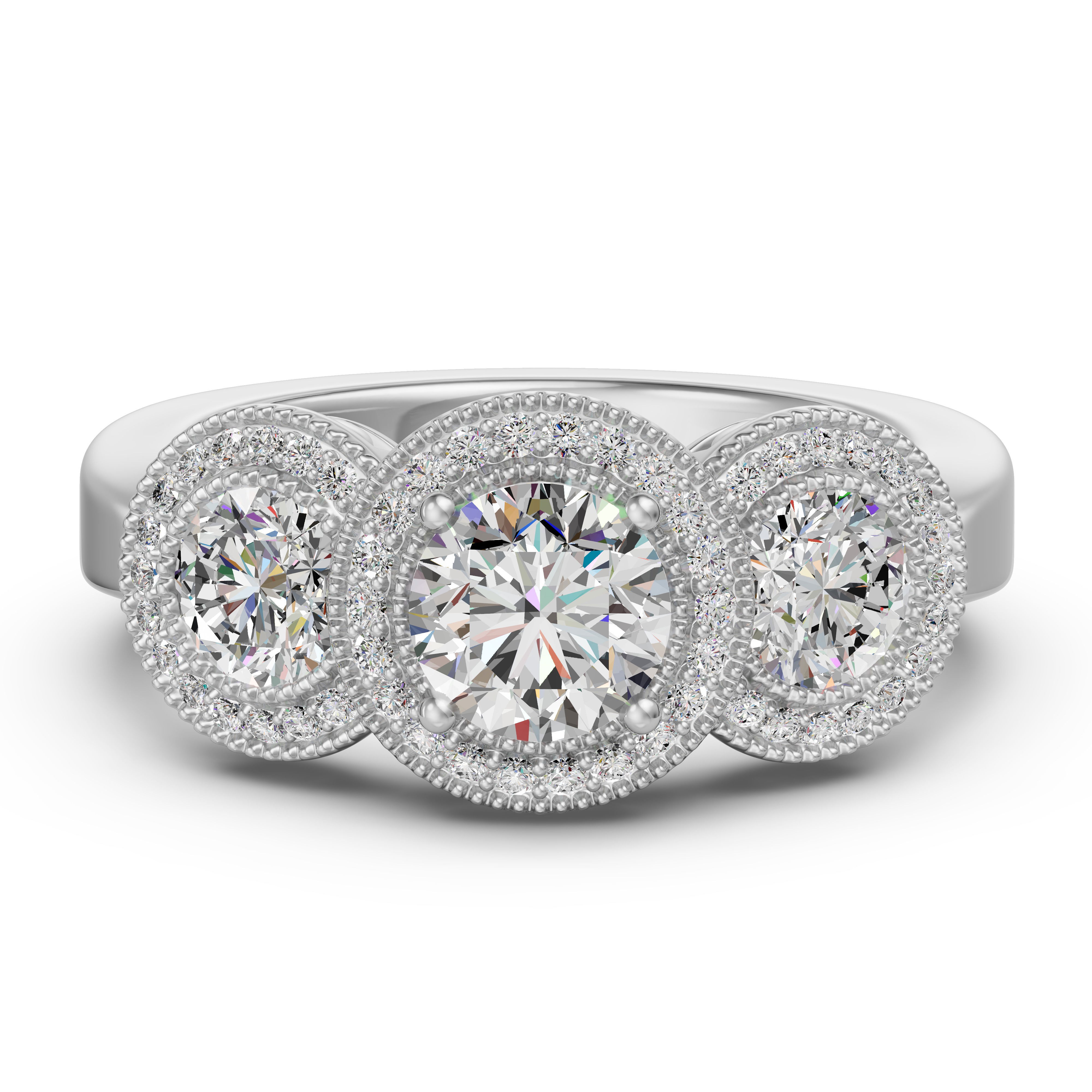 Three Stone Halo Classic Engagement Ring