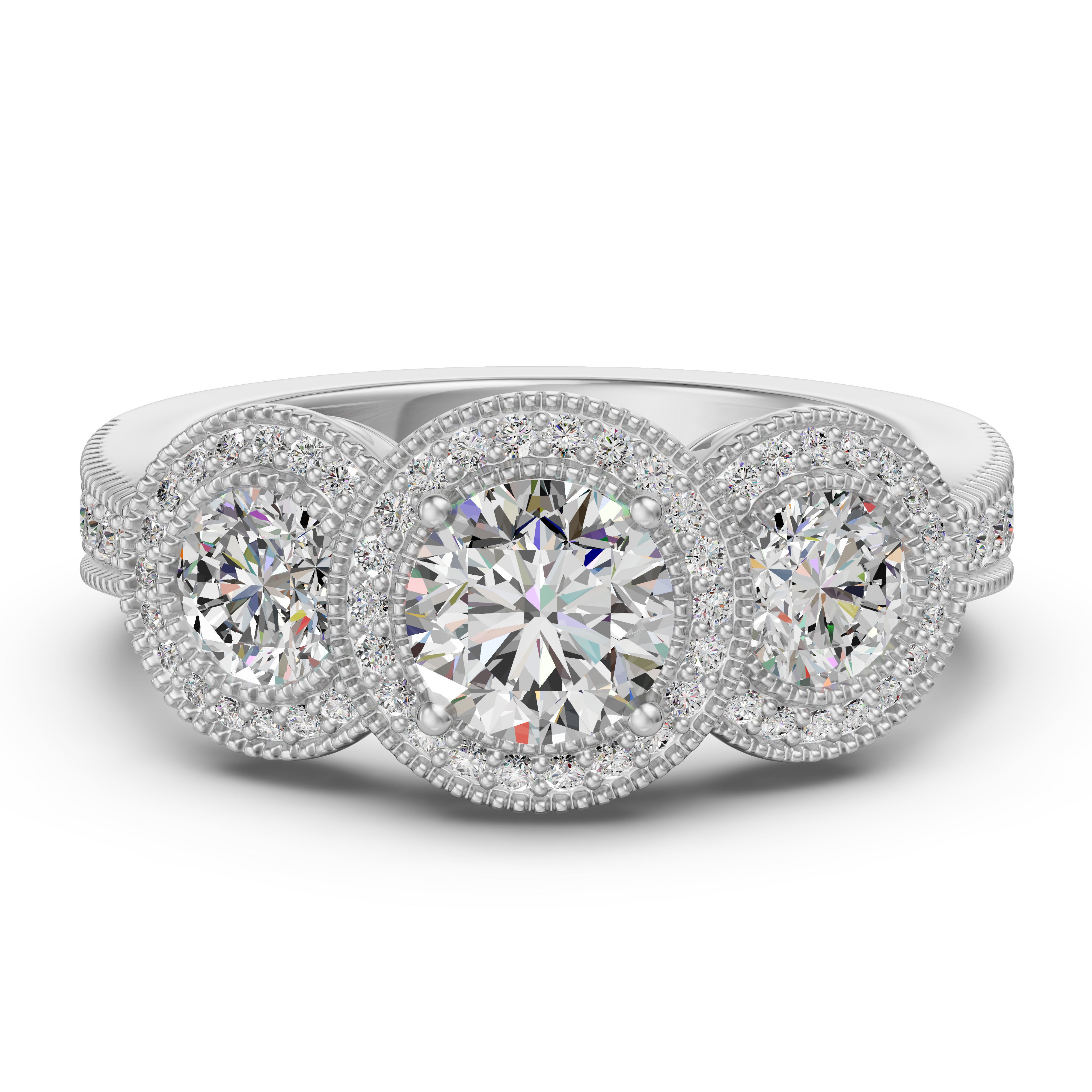 Three Stone Halo Accented Engagement Ring
