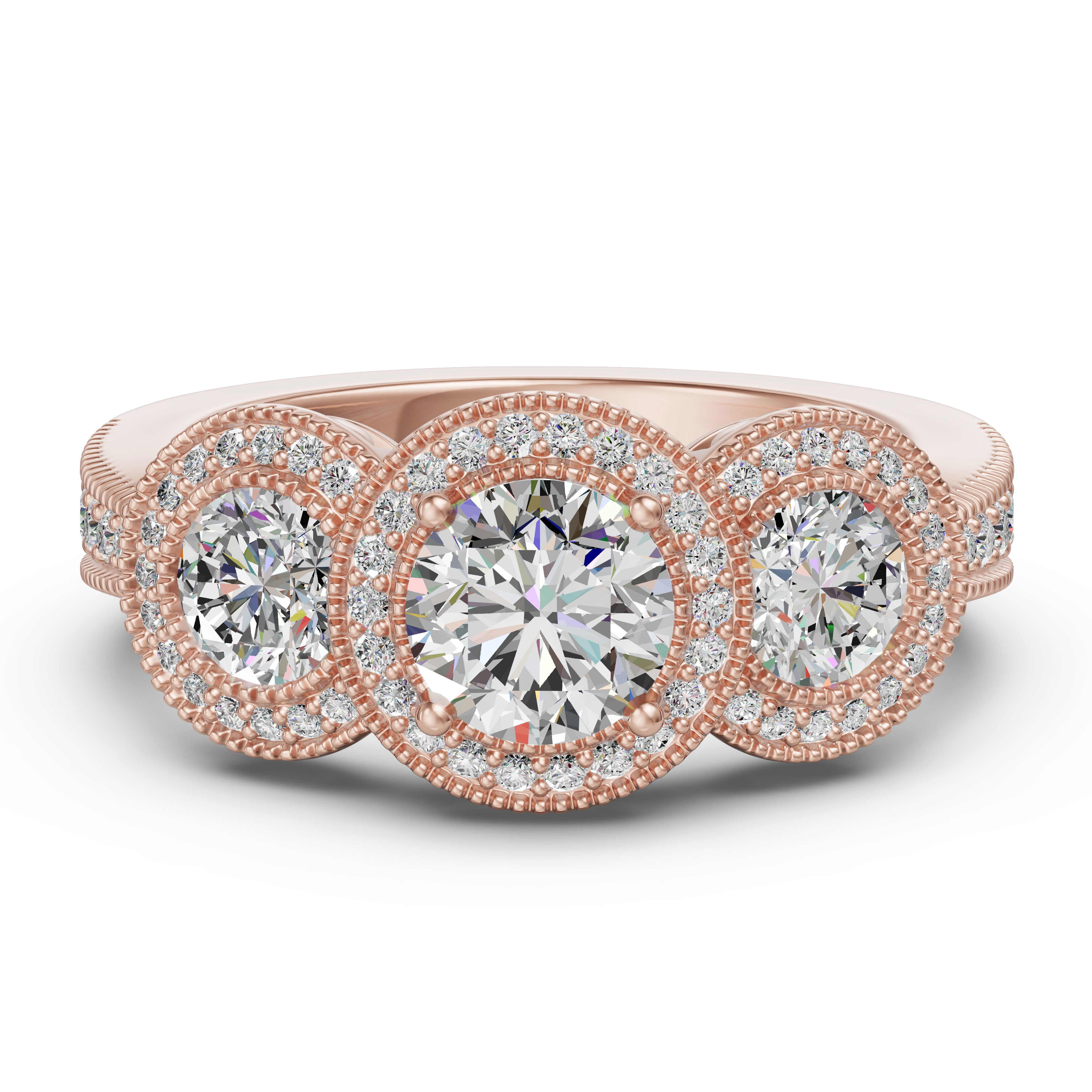 Three Stone Halo Accented Engagement Ring