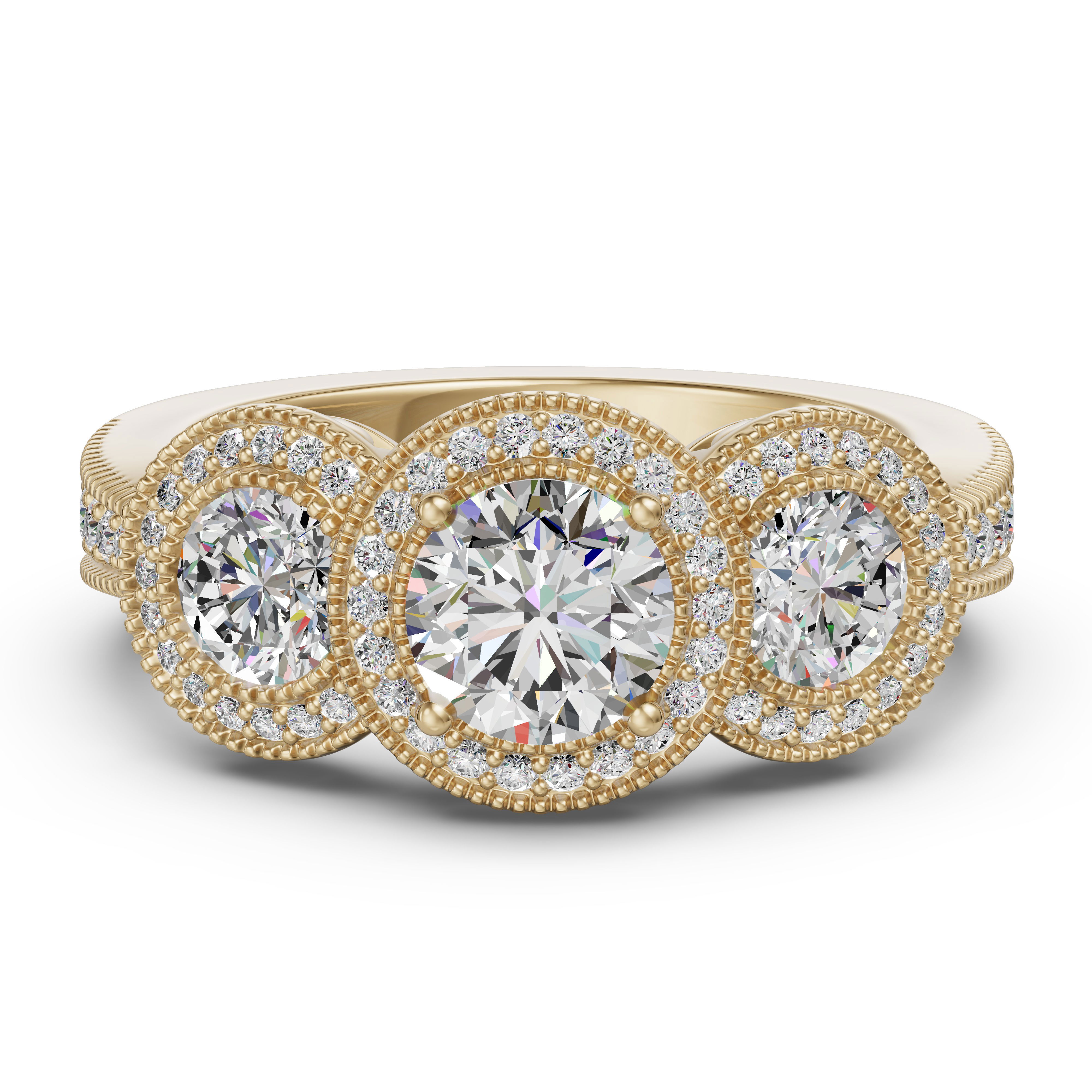 Three Stone Halo Accented Engagement Ring
