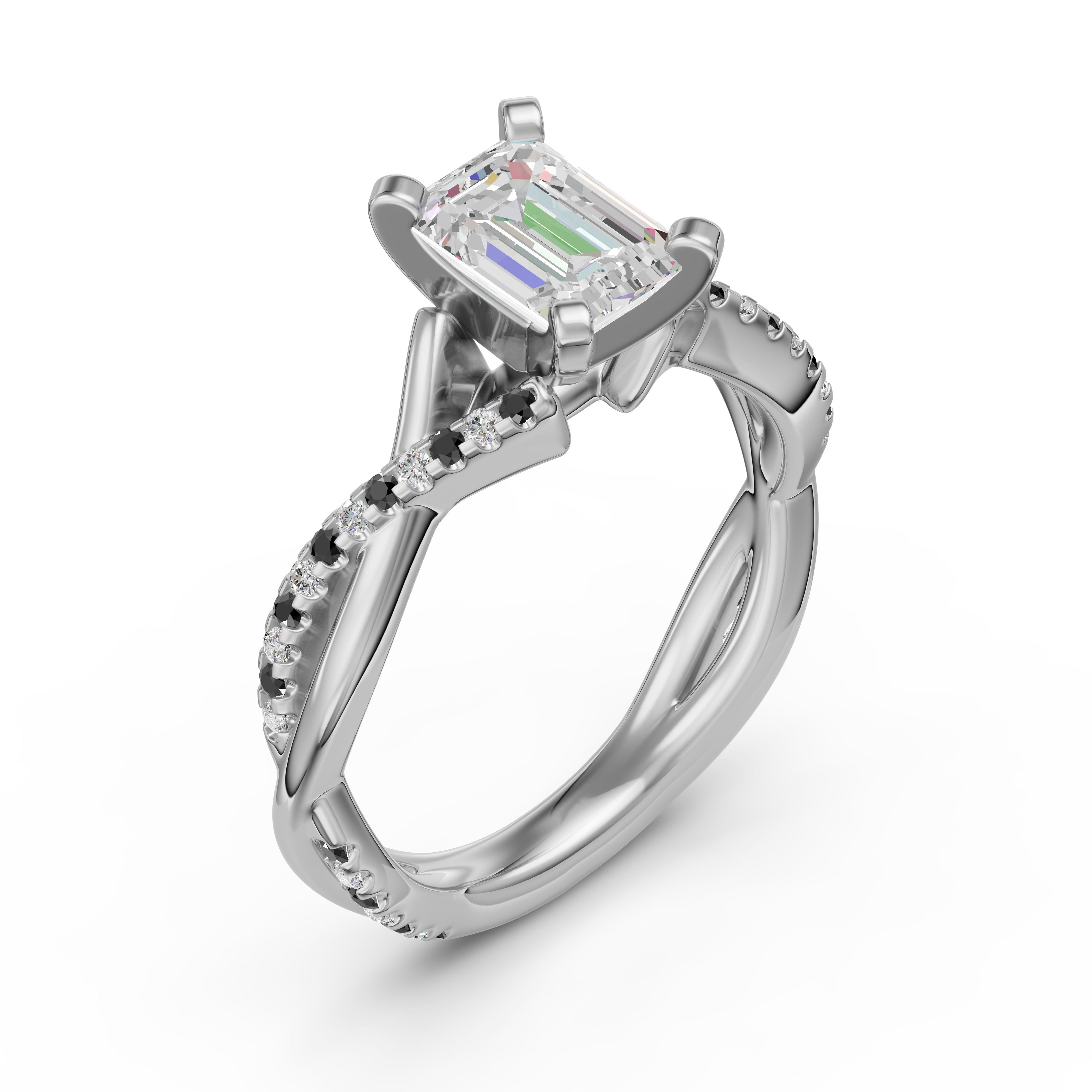 Twisted Accented Emerald Cut Engagement Ring - Midnight