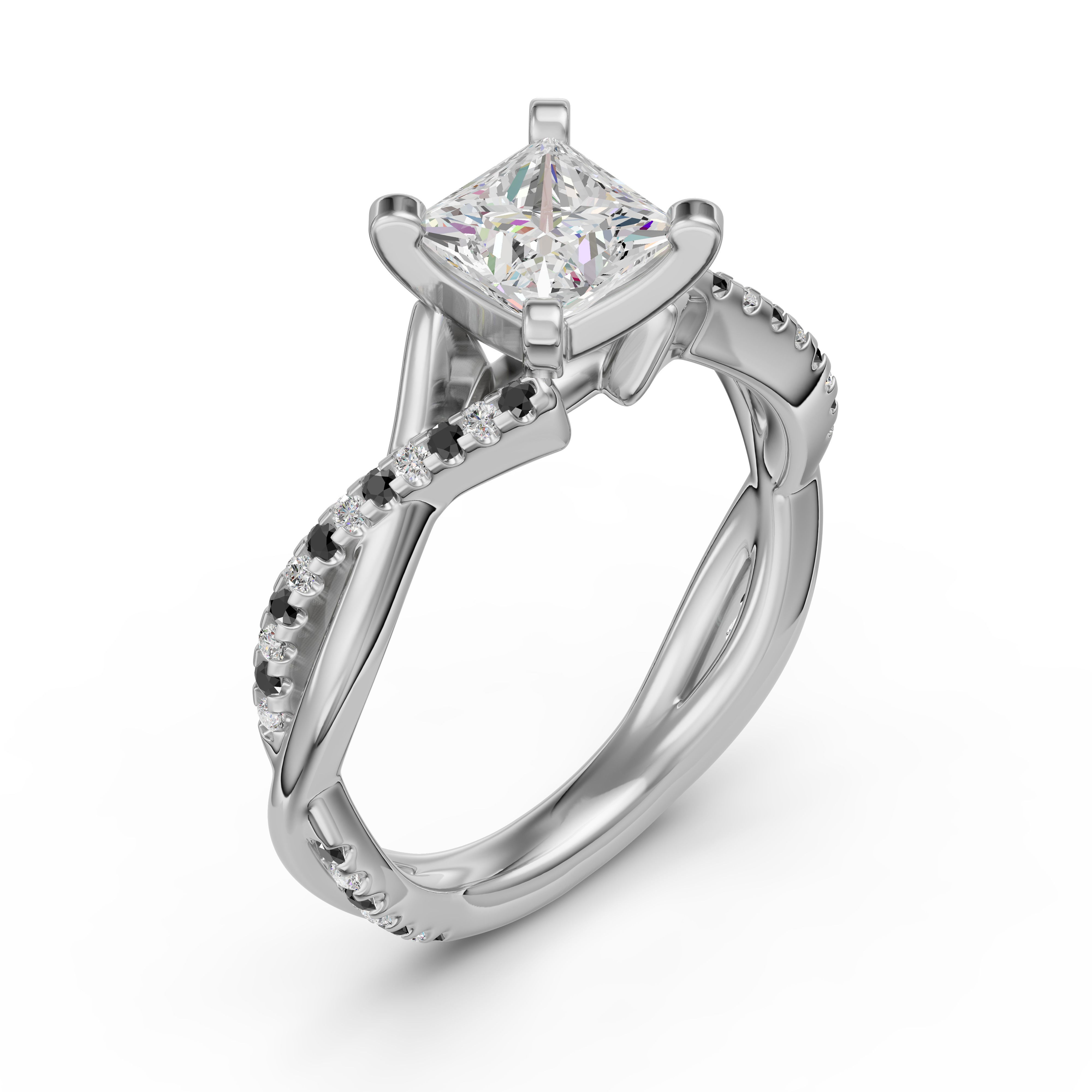 Twisted Accented Princess Cut Engagement Ring - Midnight