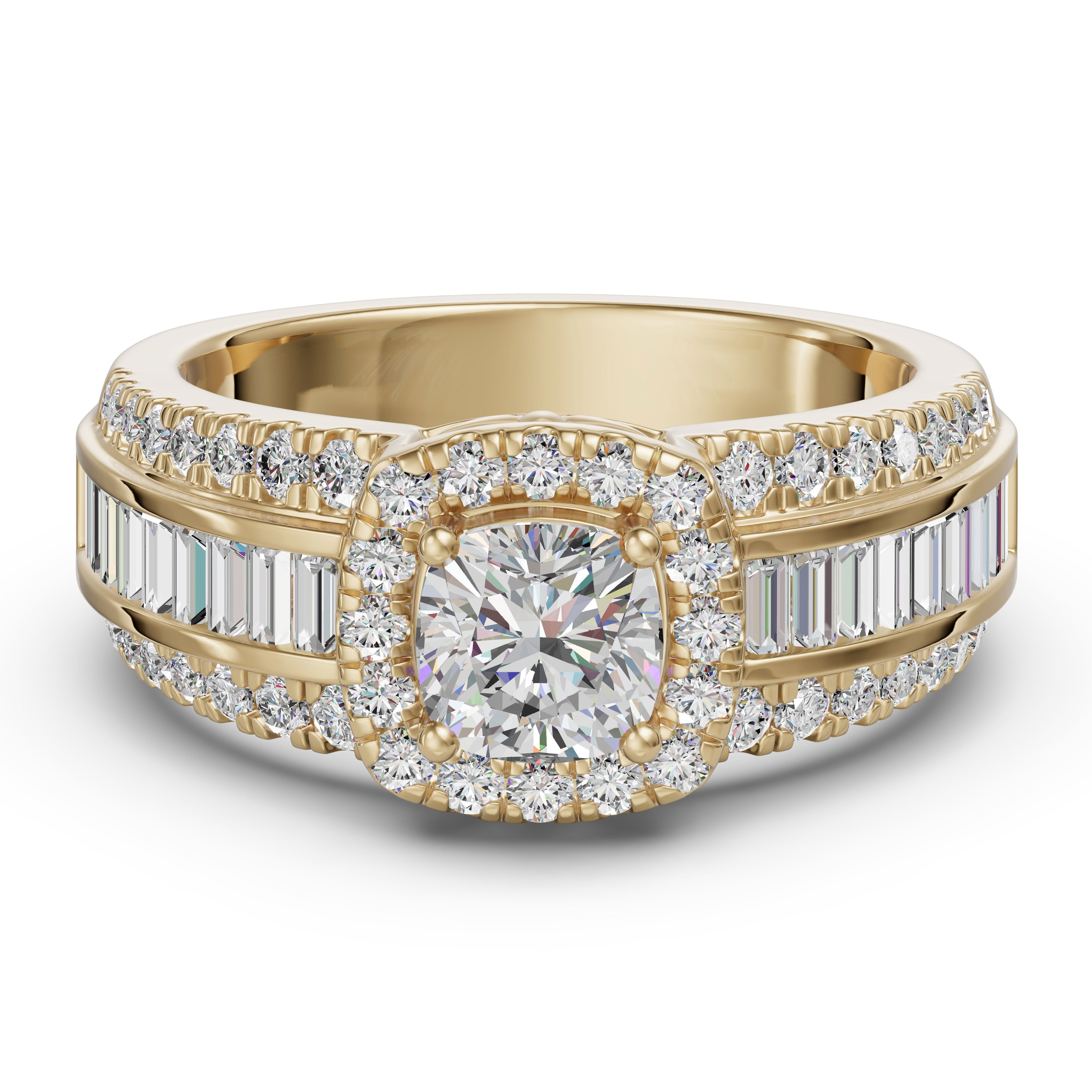 Cushion Cut Halo Baguette Accented Engagement Ring