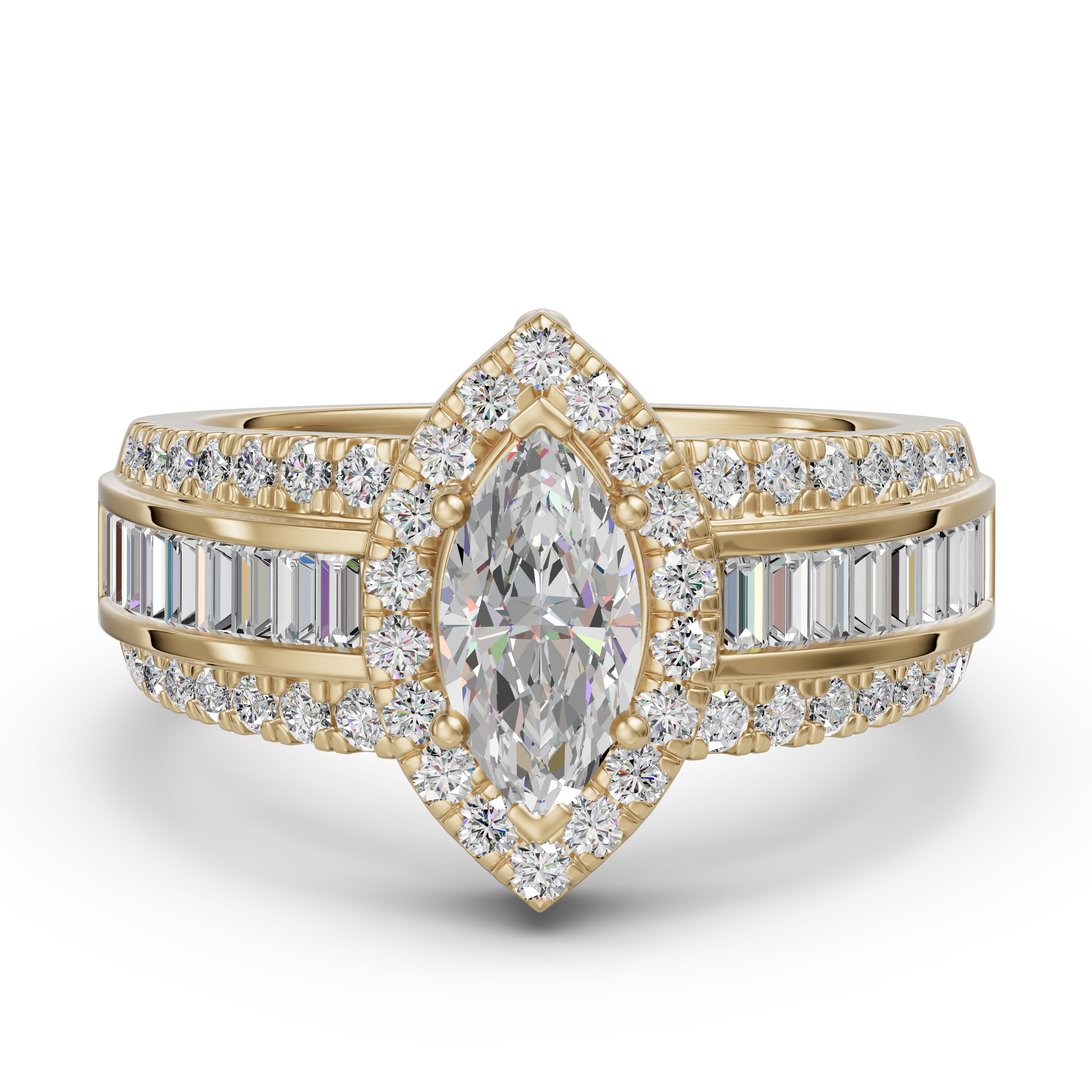 Marquise Cut Halo Baguette Accented Engagement Ring