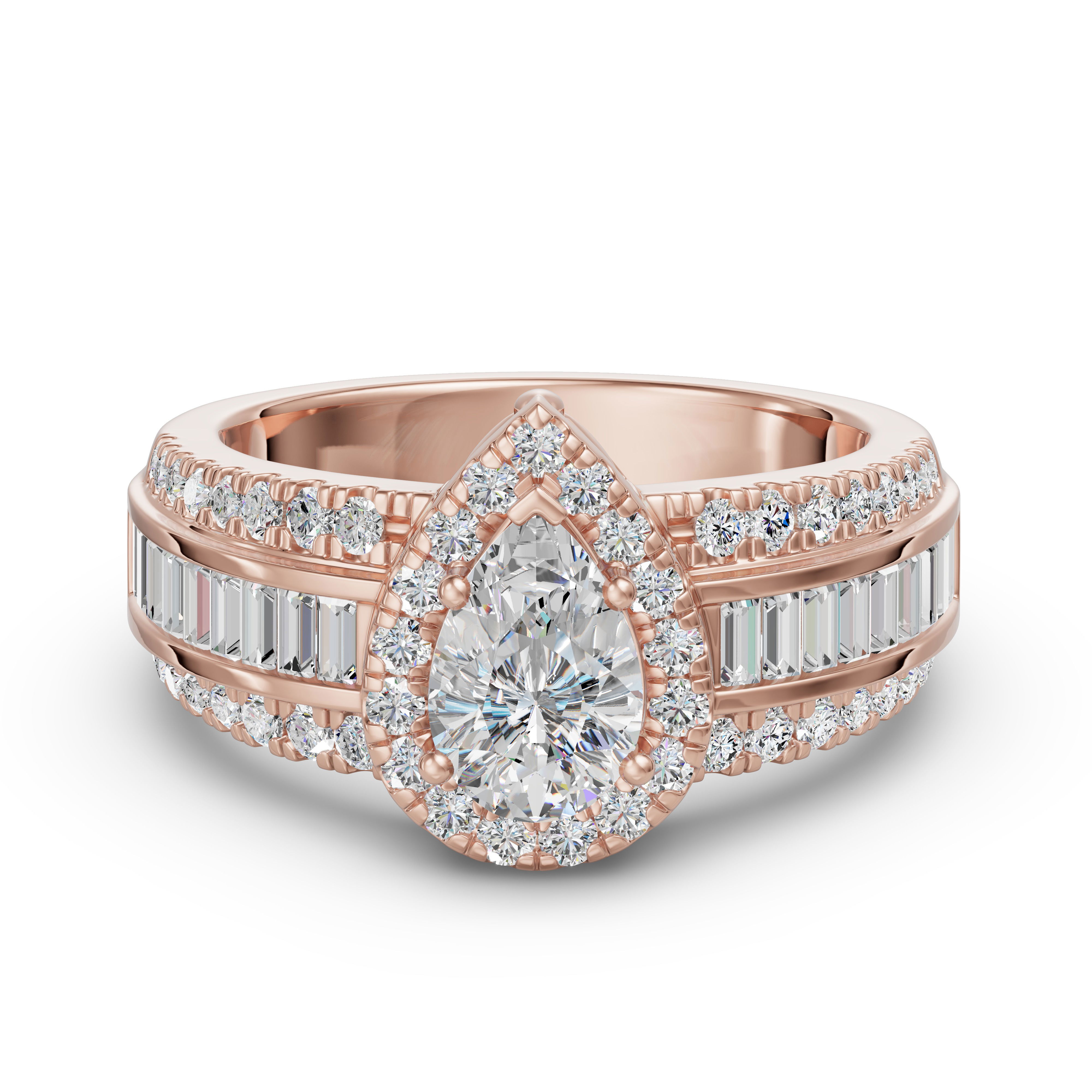 Pear Cut Halo Baguette Accented Engagement Ring