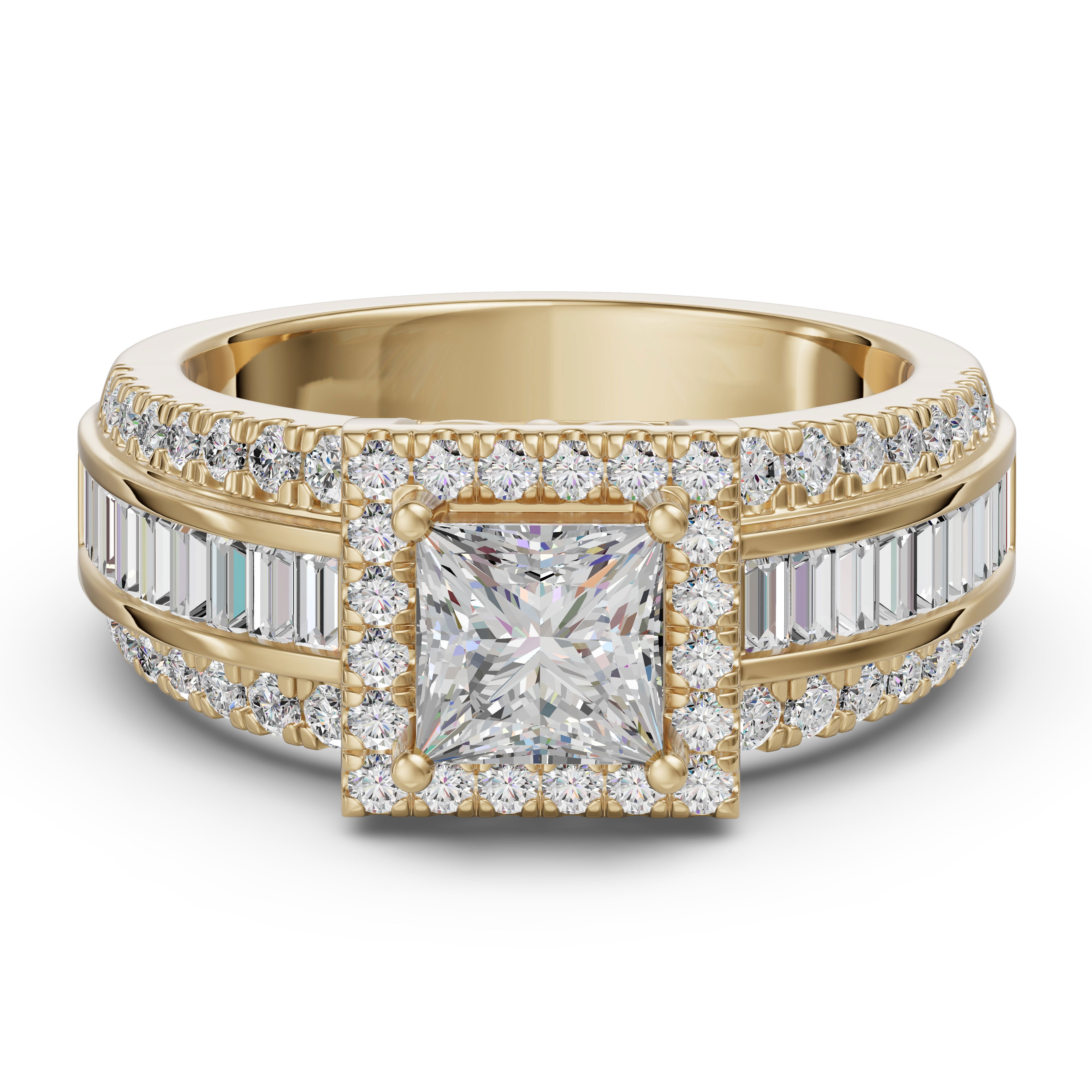 Princess Cut Halo Baguette Accented Engagement Ring