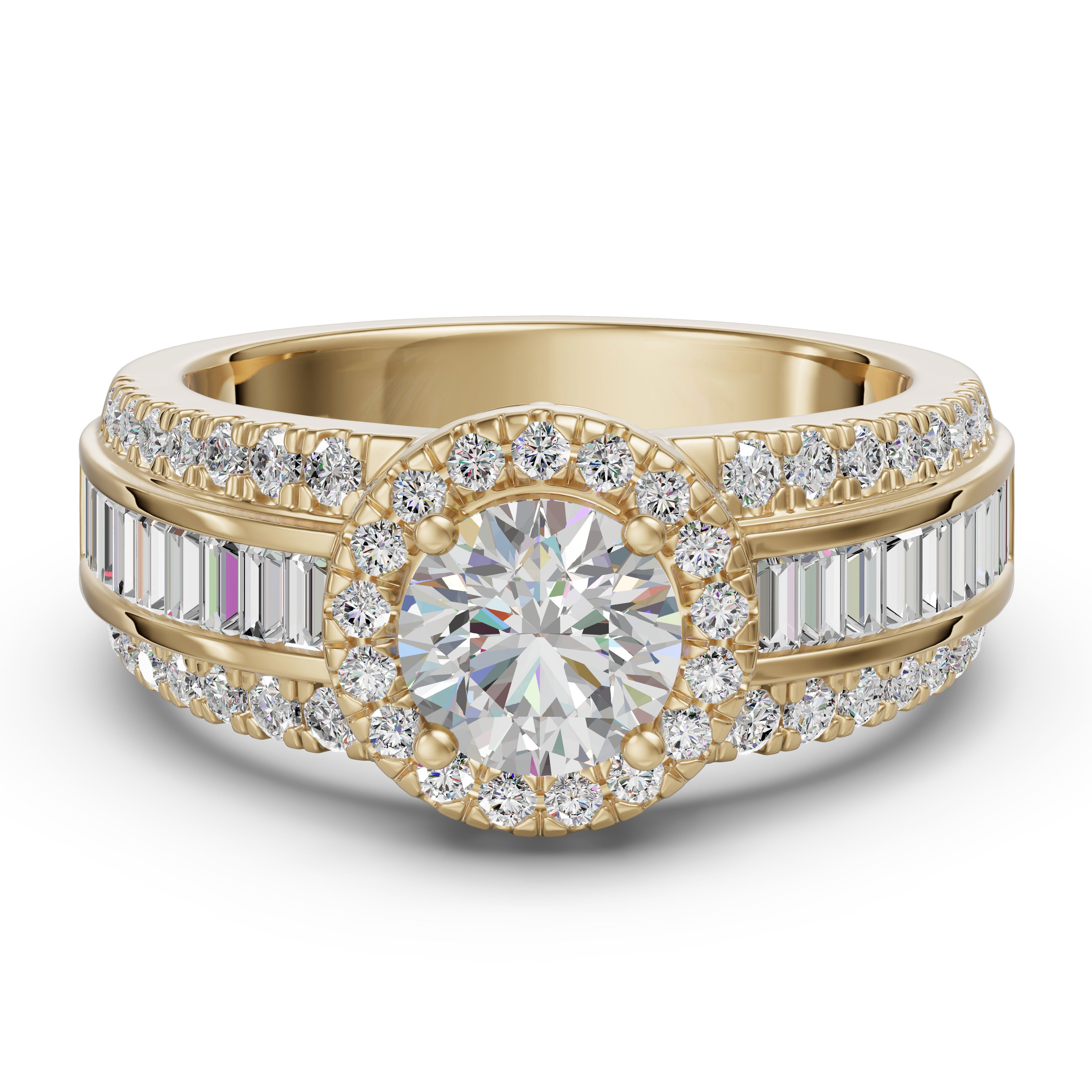 Round Cut Halo Baguette Accented Engagement Ring