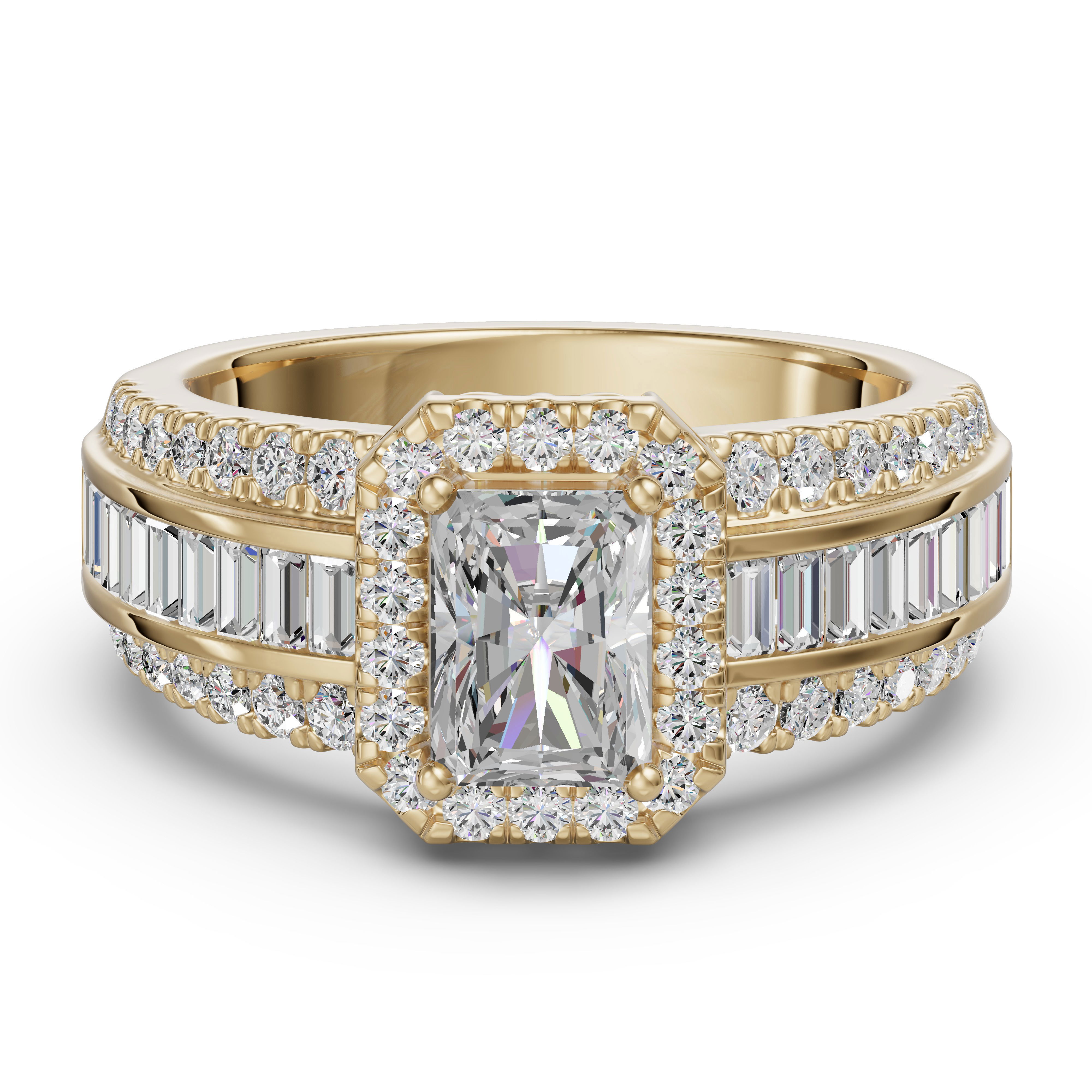 Radiant Cut Halo Baguette Accented Engagement Ring
