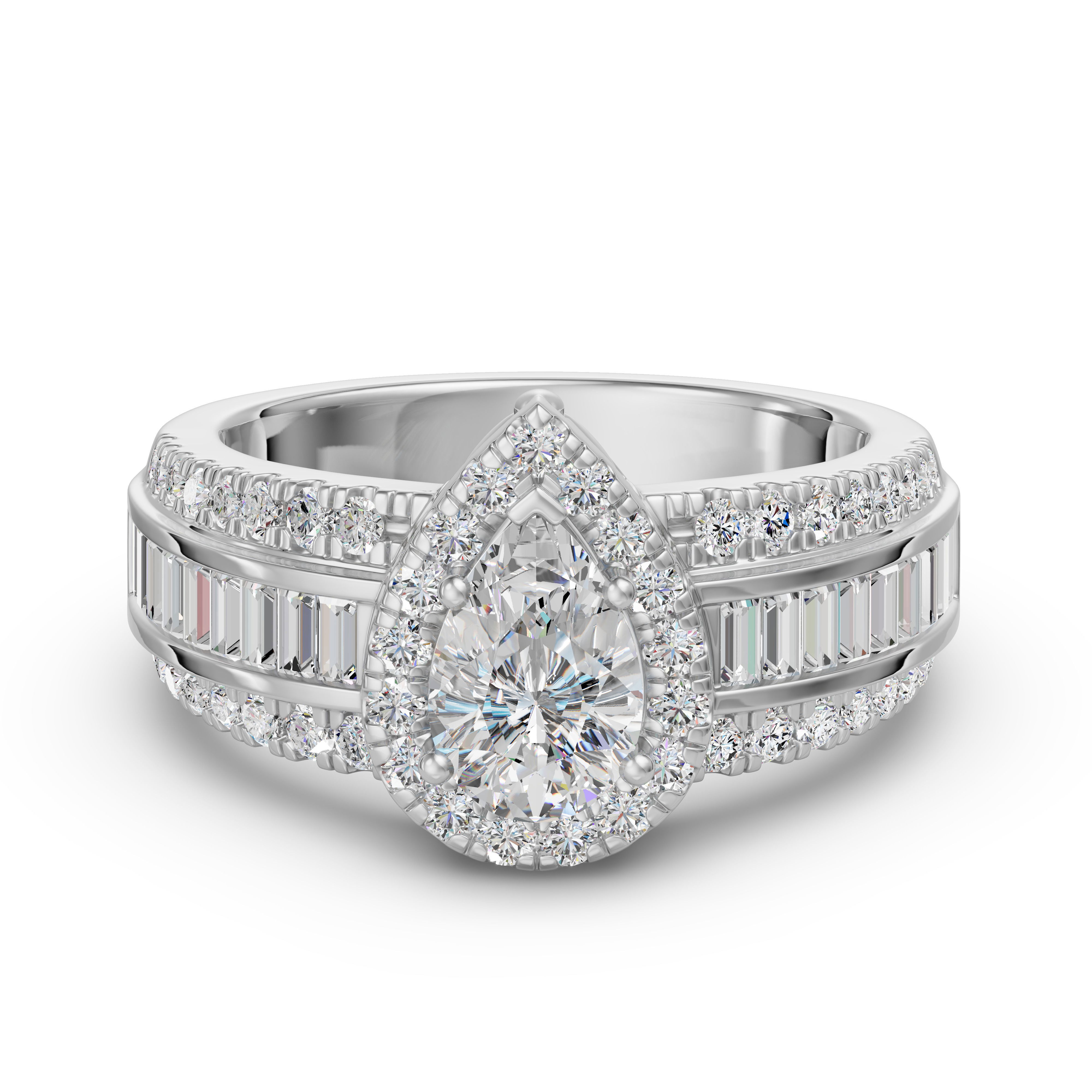Pear Cut Halo Baguette Accented Engagement Ring