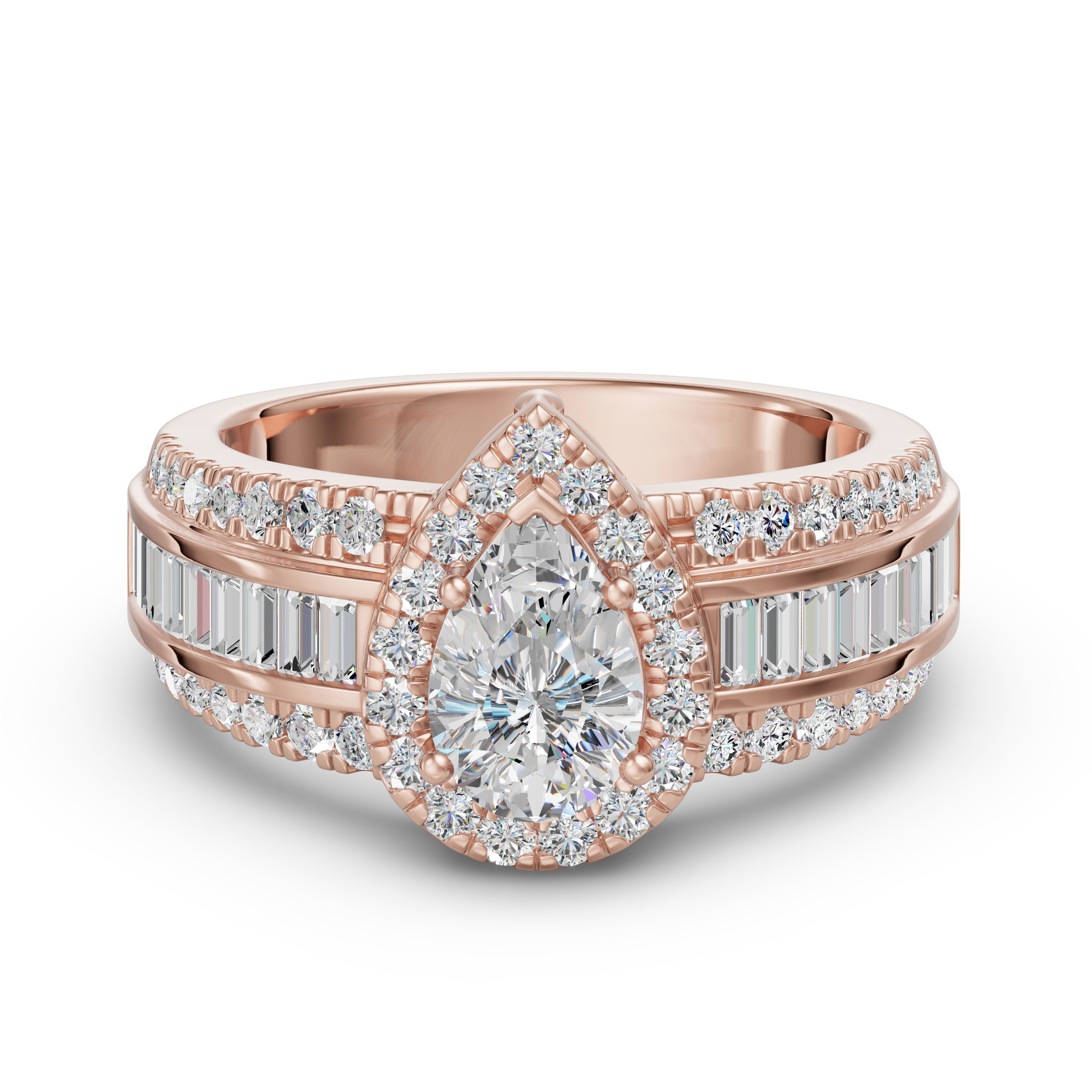 Pear Cut Halo Baguette Accented Engagement Ring